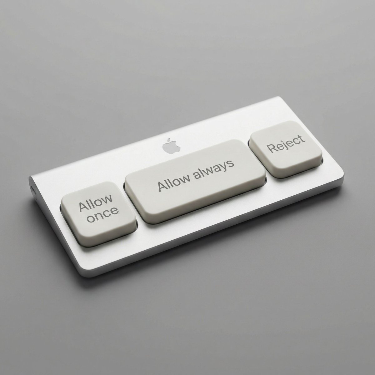 A novelty Apple keyboard with three oversized keys: Allow once, Allow always, and Reject